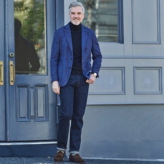 Blue Wool Blazer Outfits For Men: For a look that's absolutely wow-worthy, go for a blue wool blazer and navy jeans. A pair of dark brown suede loafers will bring a different twist to your look.