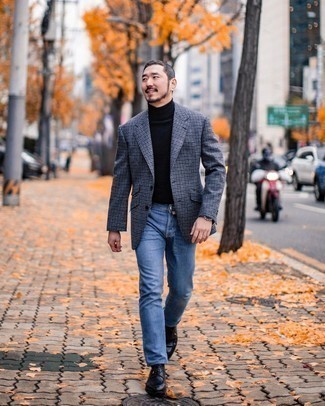 Blue Wool Blazer Outfits For Men: For a look that's super simple but can be flaunted in a ton of different ways, wear a blue wool blazer with blue jeans. Why not throw black leather derby shoes in the mix for an added touch of style?