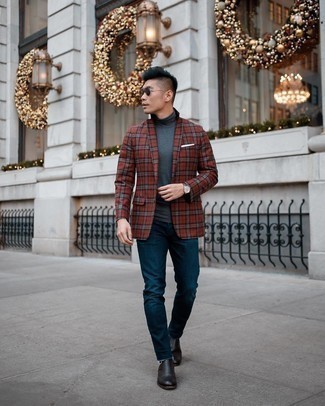 Burgundy Plaid Blazer Outfits For Men: Teaming a burgundy plaid blazer and navy jeans will allow you to flaunt your expertise in men's fashion even on dress-down days. A pair of black leather chelsea boots will take your look in a more elegant direction.