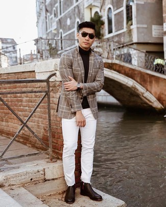 Brown Plaid Blazer Outfits For Men: A brown plaid blazer and white jeans worn together are a sartorial dream for those dressers who appreciate laid-back and cool styles. And if you need to instantly polish up this ensemble with a pair of shoes, add dark brown leather chelsea boots to the equation.