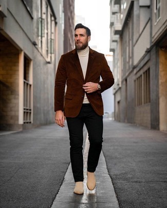 Beige Watch Outfits For Men: For an off-duty getup, pair a brown corduroy blazer with a beige watch — these items play nicely together. If you feel like dressing up a bit now, complete this look with a pair of beige suede chelsea boots.