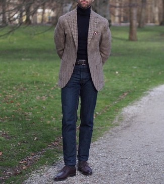 Navy Turtleneck Outfits For Men: Try teaming a navy turtleneck with navy jeans to confidently deal with whatever this day throws at you. For something more on the classy end to finish off your ensemble, add a pair of dark brown leather derby shoes to this outfit.