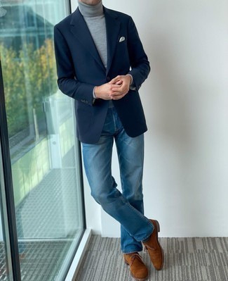 Brown Suede Derby Shoes Outfits: Breathe a polished touch into your day-to-day outfit choices with a navy blazer and blue jeans. You can take a more sophisticated approach with footwear and add a pair of brown suede derby shoes to this outfit.