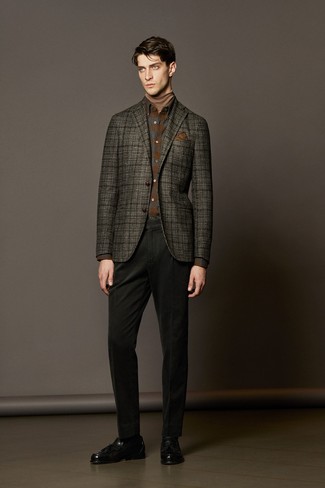 Men's Charcoal Plaid Wool Blazer, Tan Turtleneck, Brown Plaid Flannel Long Sleeve Shirt, Black Chinos