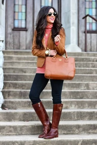 Brown Blazer with Navy Skinny Jeans Outfits: A well-executed combination of a brown blazer and navy skinny jeans will set you apart in an instant. A nice pair of burgundy leather knee high boots ties this look together.