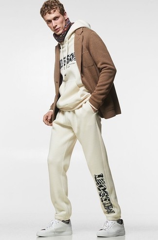 Men's Brown Knit Wool Blazer, Multi colored Wool Turtleneck, White Track Suit, White Canvas Low Top Sneakers