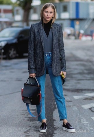 Black Leather Slip-on Sneakers Outfits For Women: Rock a charcoal vertical striped wool blazer with blue jeans for a comfy ensemble that's also well-executed. For a truly modern hi-low mix, complement this ensemble with black leather slip-on sneakers.