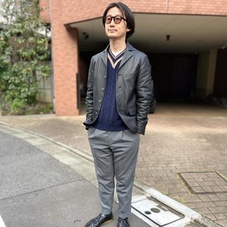 Men's Black Leather Blazer, Navy V-neck Sweater, Grey Chinos, Black Leather Low Top Sneakers