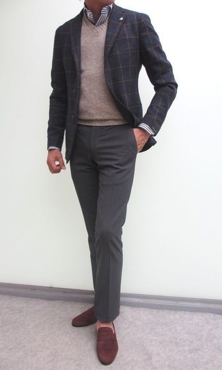 Charcoal Check Wool Blazer Outfits For Men: This is solid proof that a charcoal check wool blazer and charcoal dress pants are amazing when worn together in a polished outfit for today's gent. All you need is a pair of brown suede loafers to round off this look.