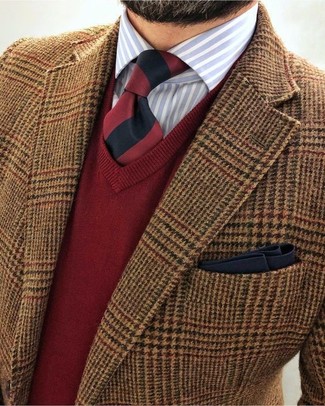 Men's Brown Houndstooth Wool Blazer, Red V-neck Sweater, Light Blue Vertical Striped Dress Shirt, Red and Black Vertical Striped Tie
