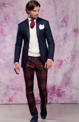 Navy Suede Tassel Loafers Outfits: Showcase that you do smart menswear like a pro in a navy blazer and red and navy plaid chinos. A trendy pair of navy suede tassel loafers is the simplest way to give a dose of sophistication to this getup.