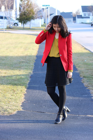 Women's Red Blazer, Mustard V-neck Sweater, Black Lace Full Skirt, Black Leather Ankle Boots