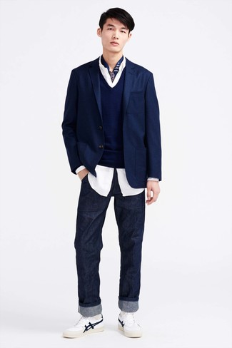 Navy Silk Scarf Outfits For Men: A navy blazer and a navy silk scarf are a cool ensemble to add to your day-to-day wardrobe. White leather low top sneakers will easily elevate even the most basic of looks.