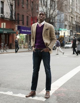 Men's Brown Plaid Wool Blazer, Purple V-neck Sweater, Pink Long Sleeve Shirt, Navy Skinny Jeans