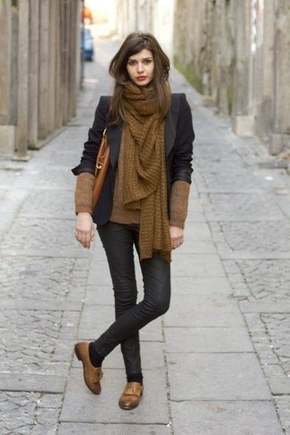 Women's Black Blazer, Brown V-neck Sweater, Black Leather Skinny Jeans, Brown Leather Tassel Loafers