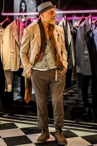 Dark Brown Check Chinos Outfits: Why not rock a tan check blazer with dark brown check chinos? As well as super practical, these items look amazing when married together. If you want to effortlessly amp up this ensemble with footwear, complement this look with brown suede casual boots.