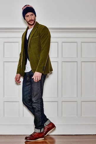 Olive Corduroy Blazer Fall Outfits For Men: An olive corduroy blazer and navy jeans are absolute wardrobe heroes if you're piecing together a semi-casual wardrobe that holds to the highest style standards. Complete your outfit with burgundy leather work boots to instantly turn up the cool of this getup. When it comes to dressing for fall, nothing beats a kick-ass look that will keep you toasty and looking your best.