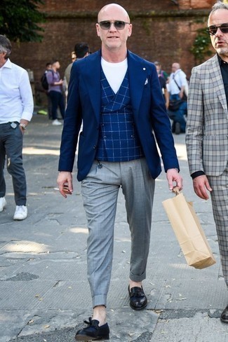Blue Waistcoat Outfits: Putting together a blue waistcoat and grey dress pants is a guaranteed way to inject sophistication into your styling collection. Want to dial it down in the shoe department? Add a pair of black leather tassel loafers to this ensemble for the day.