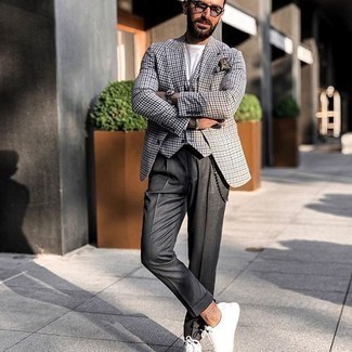 White Waistcoat Outfits: For manly sophistication with a fashionable spin, wear a white waistcoat and grey dress pants. For something more on the daring side to complete your ensemble, introduce white canvas low top sneakers to the mix.