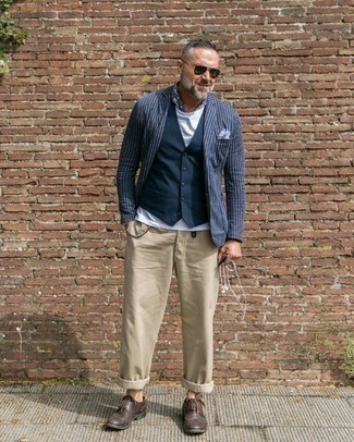 Tobacco Leather Derby Shoes Outfits: For an effortlessly stylish getup, make a navy vertical striped blazer and beige chinos your outfit choice — these two pieces go nicely together. Complement this getup with tobacco leather derby shoes to instantly change up the look.