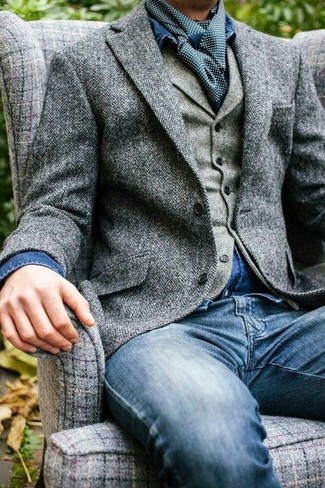 Men's Grey Herringbone Wool Blazer, Grey Herringbone Wool Waistcoat, Blue Denim Shirt, Blue Jeans