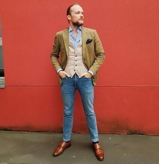 Brown Leather Double Monks Outfits: Combining a tan blazer with blue jeans is an on-point option for a casually smart outfit. Brown leather double monks will immediately polish up even the most basic of combinations.