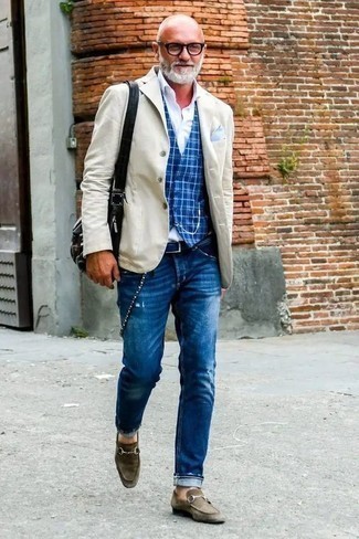 Waistcoat Outfits: A waistcoat and navy ripped jeans paired together are a wonderful match. Add a pair of olive suede loafers to the equation to avoid looking too casual.