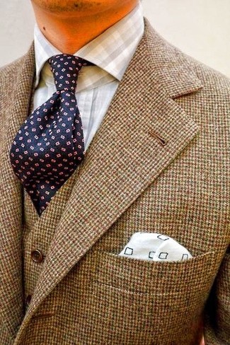 Men's Brown Wool Blazer, Brown Wool Waistcoat, Grey Gingham Dress Shirt, Navy Polka Dot Tie
