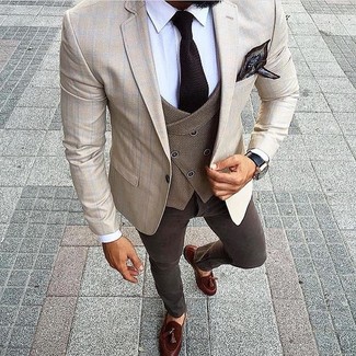 Brown Wool Waistcoat Outfits: Wear a brown wool waistcoat and dark brown jeans to look like a complete gent at all times. Let your outfit coordination sensibilities truly shine by rounding off your look with a pair of burgundy suede tassel loafers.