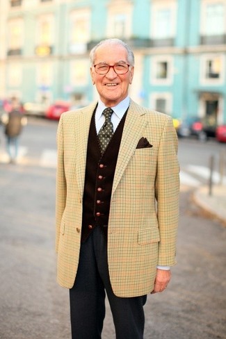 Tobacco Polka Dot Tie Outfits For Men: Pairing a tan plaid blazer with a tobacco polka dot tie is an amazing option for a classic and sophisticated ensemble.