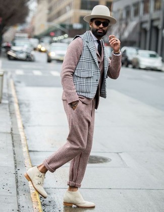 Hot Pink Blazer Outfits For Men: This is hard proof that a hot pink blazer and pink wool dress pants look awesome when you pair them together in a sophisticated look for a modern gentleman. Complement your ensemble with a pair of white leather double monks to pull the whole thing together.