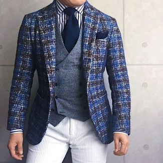 Men's Blue Tweed Blazer, Grey Plaid Wool Waistcoat, White and Black Vertical Striped Dress Shirt, White Corduroy Chinos