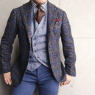 Olive Check Wool Blazer Outfits For Men: For an outfit that's nothing less than Bond-worthy, pair an olive check wool blazer with navy dress pants.