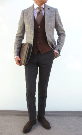 Men's Grey Check Wool Blazer, Dark Brown Wool Waistcoat, White Check Dress Shirt, Charcoal Wool Dress Pants