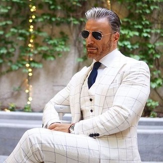 White Check Dress Pants Outfits For Men: Putting together a white check blazer and white check dress pants is a surefire way to infuse your day-to-day collection with some rugged elegance.