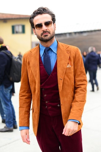Red Dress Pants Outfits For Men: This sophisticated combination of an orange suede blazer and red dress pants will prove your outfit coordination chops.