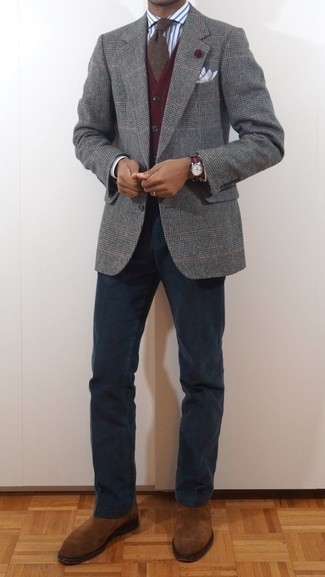 Navy and White Canvas Watch Outfits For Men: This combo of a grey plaid wool blazer and a navy and white canvas watch combines comfort and confidence and helps keep it low-key yet current. A pair of tobacco suede chelsea boots effortlessly bumps up the wow factor of your look.