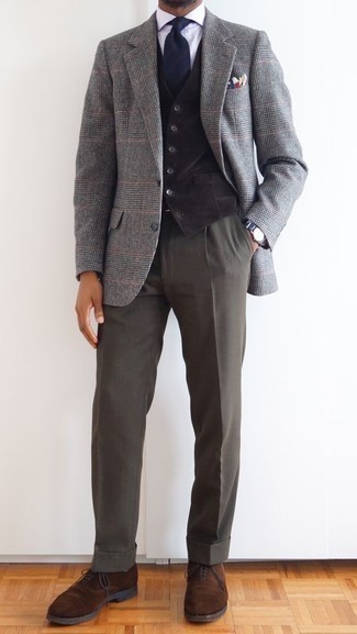 Multi colored Pocket Square Outfits: This edgy pairing of a grey plaid wool blazer and a multi colored pocket square is extremely easy to throw together in next to no time, helping you look awesome and prepared for anything without spending too much time combing through your wardrobe. Feeling brave? Polish up your look by wearing brown suede oxford shoes.