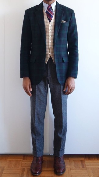 Grey Wool Chinos Outfits: A navy and green plaid blazer and grey wool chinos worn together are a match made in heaven. Feeling creative? Spruce up your getup by wearing a pair of burgundy leather oxford shoes.