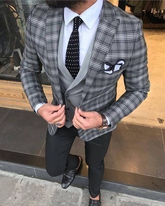 Grey Waistcoat Outfits: A grey waistcoat and black chinos are absolute staples if you're figuring out a sharp closet that holds to the highest sartorial standards. Black leather double monks look perfect completing your ensemble.