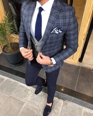 Grey Waistcoat Outfits: Putting together a grey waistcoat with navy chinos is an on-point choice for a classic and sophisticated ensemble. This ensemble is rounded off wonderfully with navy suede double monks.