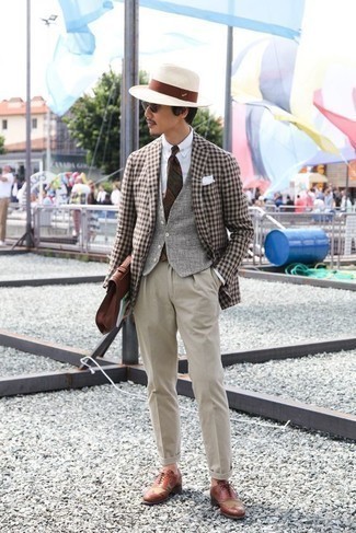 Grey Waistcoat Outfits: Dress in a grey waistcoat and beige dress pants - this look is guaranteed to make a fashion statement. If you need to instantly dress down this outfit with a pair of shoes, add a pair of tobacco leather brogues to your getup.