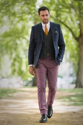 Burgundy Chinos Dressy Outfits: For a look that's semi-casual and GQ-worthy, opt for a navy horizontal striped blazer and burgundy chinos. Black leather derby shoes are a fail-safe way to infuse a dose of polish into this ensemble.