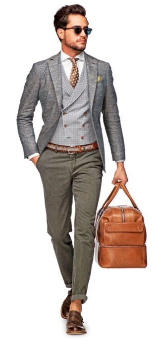 Grey Plaid Waistcoat Outfits: This look clearly illustrates that it pays to invest in such menswear pieces as a grey plaid waistcoat and grey chinos. Channel your inner David Gandy and slip into a pair of dark brown leather double monks.