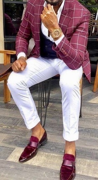 Check Blazer Outfits For Men: This combo of a check blazer and white chinos can only be described as outrageously stylish and casually polished. Introduce a pair of burgundy velvet loafers to your getup to avoid looking too casual.