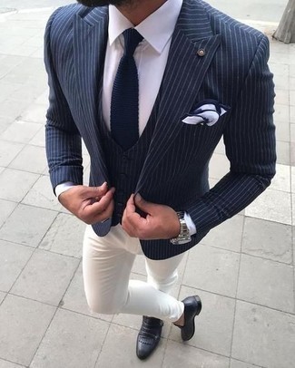 Blue Vertical Striped Blazer Outfits For Men: Try pairing a blue vertical striped blazer with white chinos if you're going for a clean, stylish look. With footwear, go for something on the more elegant end of the spectrum and finish your look with navy leather double monks.