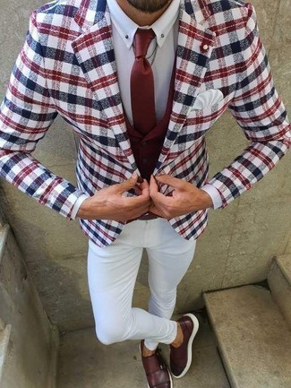 White Plaid Blazer Outfits For Men: A white plaid blazer and white jeans are a nice look worth having in your day-to-day casual routine. If you wish to effortlessly dial up your outfit with shoes, complement this ensemble with a pair of burgundy leather double monks.