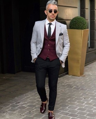 Red Waistcoat Outfits: This refined pairing of a red waistcoat and black chinos is undoubtedly a statement-maker. Add burgundy leather double monks to the equation and ta-da: your outfit is complete.