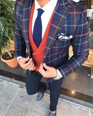 Red Waistcoat Outfits: A red waistcoat and navy chinos are solid players in any modern man's collection. For maximum fashion points, complement this ensemble with navy fringe leather loafers.