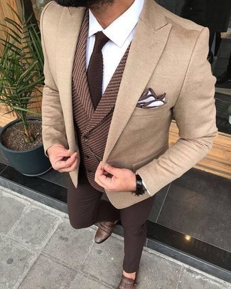 Brown Knit Tie Outfits For Men: For a look that's refined and absolutely camera-worthy, try pairing a tan blazer with a brown knit tie. If you're not sure how to round off, a pair of brown fringe leather loafers is a safe option.